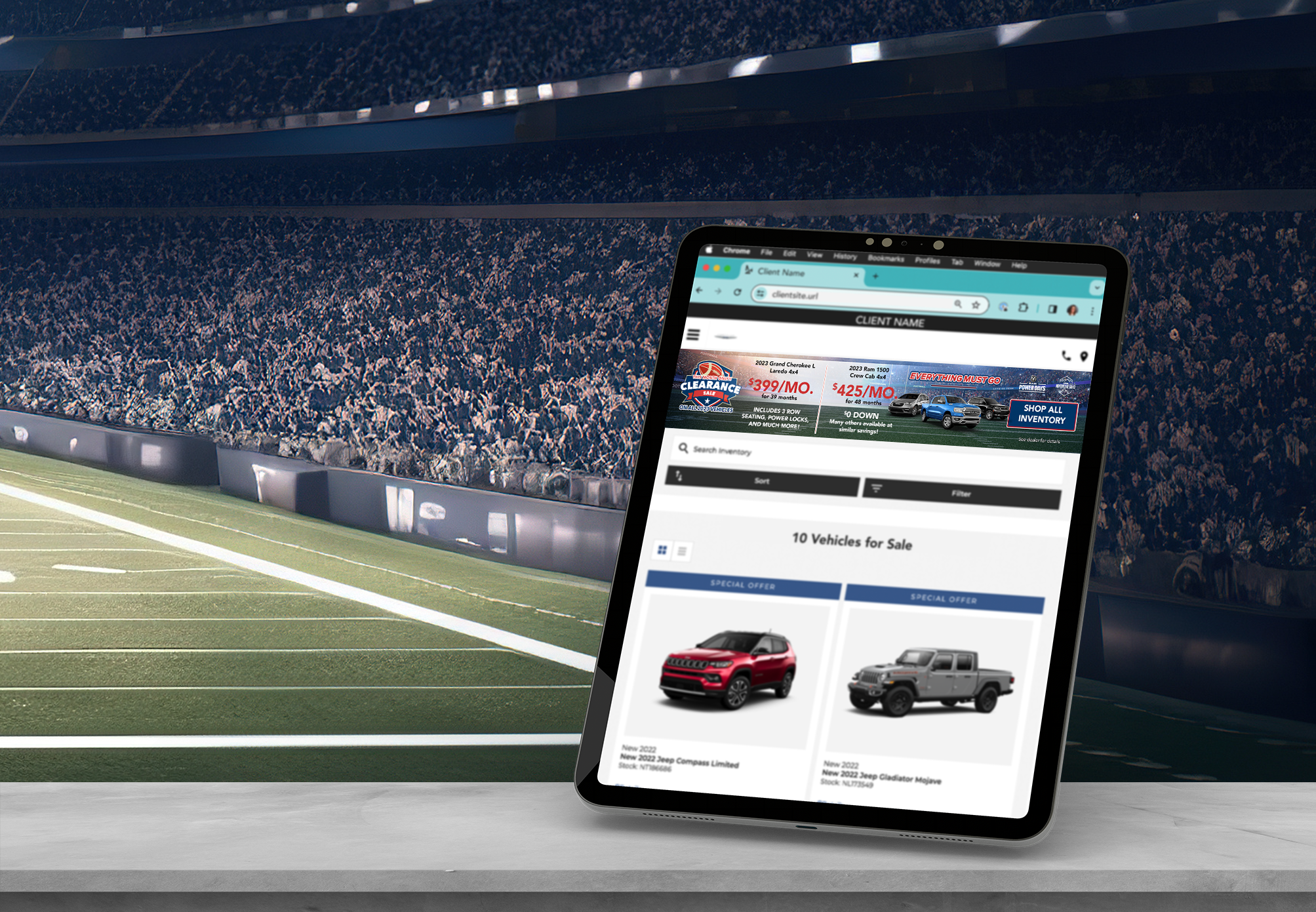 Banner with a football theme advertising vehicle specials