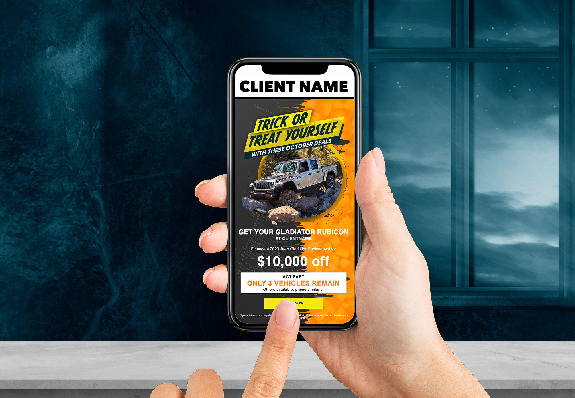 Halloween design on an automotive email blast being viewed on a cell phone