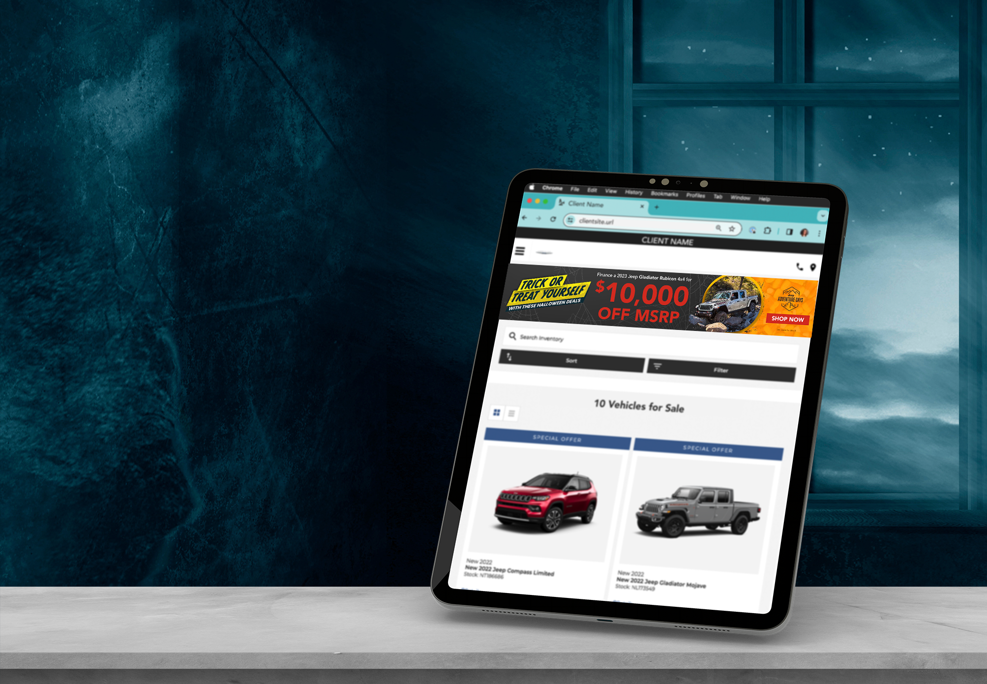 Banner with a halloween theme advertising vehicle specials