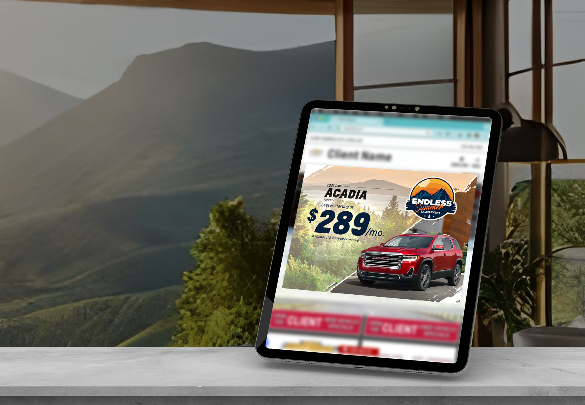 Summer design on an automotive slide being viewed on a tablet