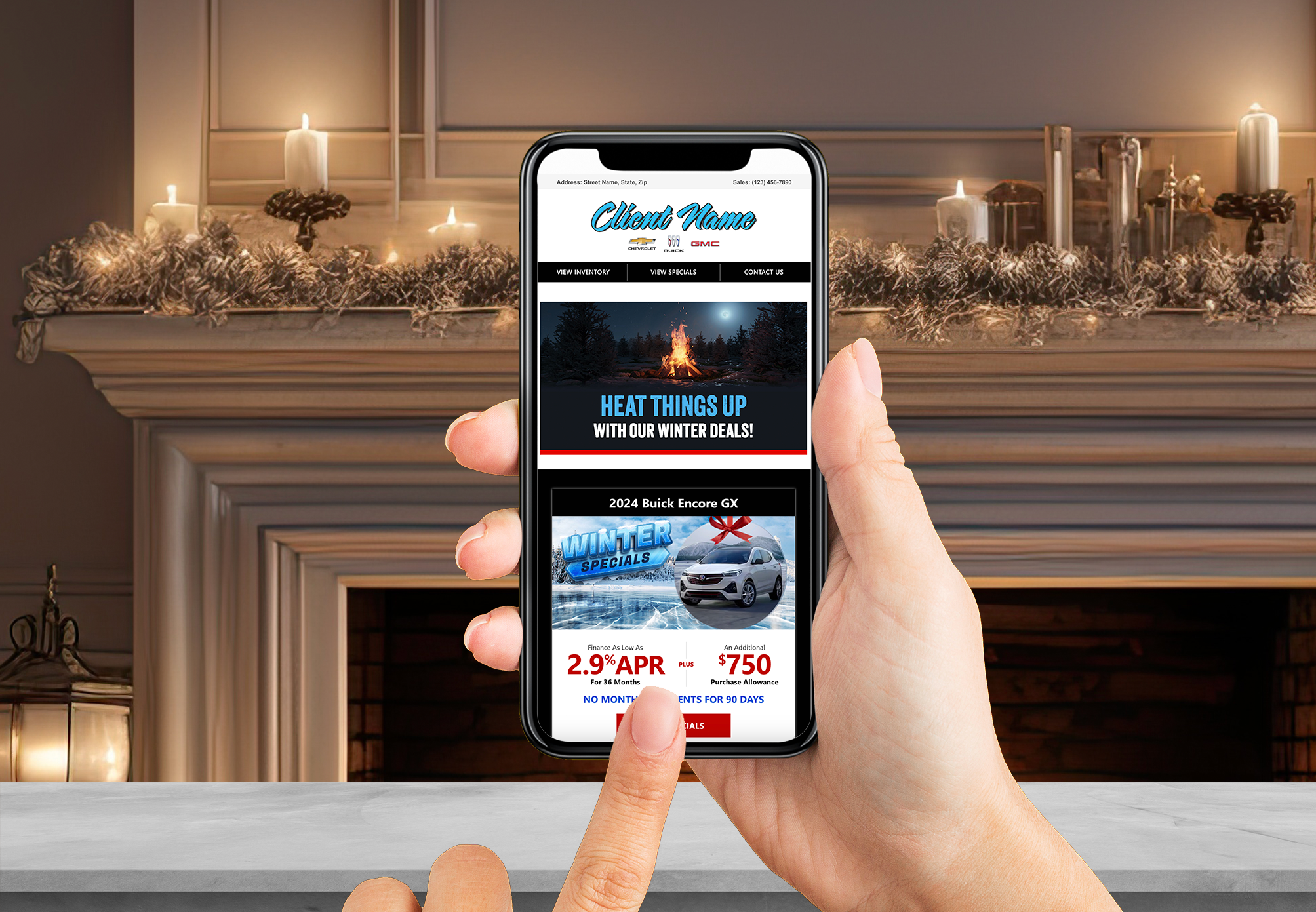 Winter design on an automotive email blast being viewed on a cell phone