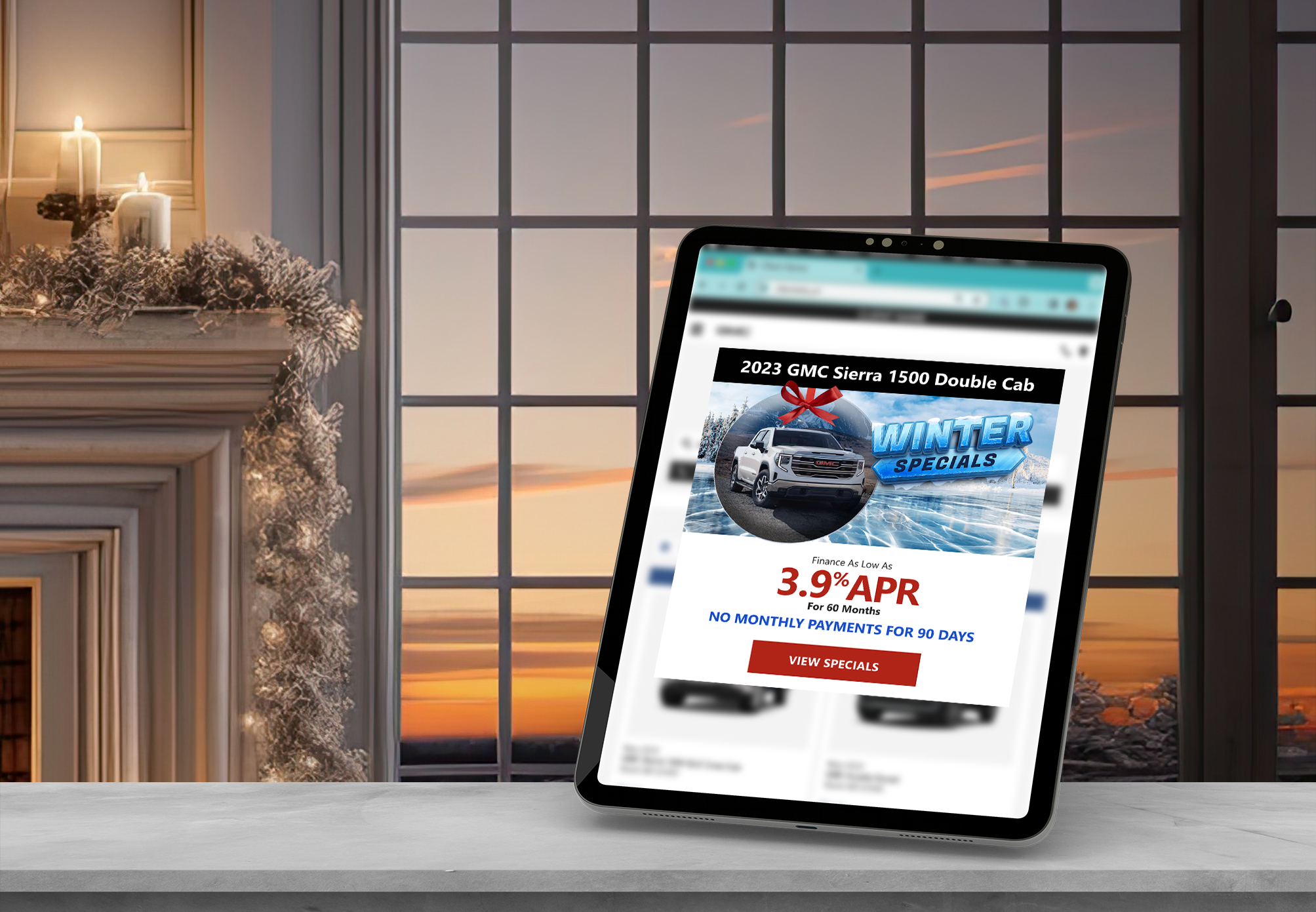 Banner with a winter theme advertising vehicle specials